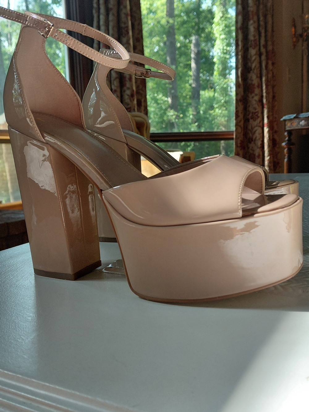 Marc Fisher Patent Platform Ankle-Strap Heels in Nude Pink
